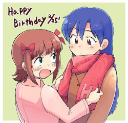  2girls amami_haruka blue_hair border bow brown_coat brown_eyes brown_hair coat commentary_request green_background green_eyes hair_bow happy_birthday idolmaster idolmaster_(classic) jacket kisaragi_chihaya long_hair looking_at_another multiple_girls multiple_hair_bows open_mouth outside_border pink_jacket red_bow red_scarf scarf short_hair tsubobot white_border 