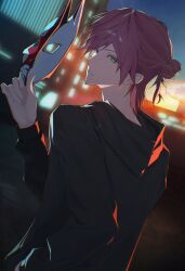  1boy absurdres alternate_costume alternate_hairstyle black_jacket cityscape commentary green_eyes hair_bun half_updo hand_up highres hisashi_kobawa holding holding_mask hood hood_down jacket lauren_iroas looking_at_viewer male_focus mask medium_hair nijisanji outdoors parted_lips solo unworn_mask upper_body virtual_youtuber 
