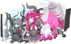  1boy 3girls absurdres android armor asymmetrical_horns black_boots black_gloves black_hair black_pants blue_crown blue_eyes boots breastplate carrying carrying_person cityscape crown curled_horns discat dragon_girl dragon_horns dragon_tail dragon_wings dress elizabeth_bathory_(fate) facial_mark fate/grand_order fate_(series) fujimaru_ritsuka_(female) fujimaru_ritsuka_(female)_(decisive_battle_chaldea_uniform) fujimaru_ritsuka_(male) fujimaru_ritsuka_(male)_(decisive_battle_chaldea_uniform) gloves grand_servant_(fate/grand_order) grey_hair highres horns jacket jet_engine knee_boots light_smile long_hair long_sleeves mecha mecha_eli-chan_(fate) mecha_eli-chan_mk.ii_(fate) mechanical_hair mechanical_tail multiple_girls orange_hair pants pauldrons person_on_hand person_on_shoulder pink_hair pink_wings pointed_crown pointy_ears powering_up robot roman_numeral short_hair shoulder_armor sitting size_difference smoke standing tail uneven_horns upper_body white_background white_dress white_jacket wings 