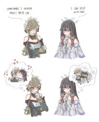  2girls absurdres bare_shoulders biting biting_arm black_collar black_hair black_sleeves blue_eyes blush bolt_(hardware) bonnet breasts brown_hair closed_eyes closed_mouth collar columbina_(genshin_impact) detached_collar detached_sleeves dress english_commentary english_text eye_mask gears genshin_impact gloves hair_ornament head_wings headdress heart highres how_i_taste_(meme) imagining kiss long_hair long_sidelocks long_sleeves maplepixy mask meme misunderstanding multicolored_hair multiple_girls multiple_wings open_mouth purple_hair purple_streaks ribbon sandrone_(genshin_impact) see-through_clothes see-through_mask sharp_teeth short_hair short_hair_with_long_locks sidelocks simple_background smile smiley_face speech_bubble streaked_hair teeth thought_bubble two-tone_hair very_long_hair white_background white_dress white_headdress white_mask white_wings winding_key wing_hair_ornament wings wrist_bow x-shaped_eyewear yuri 