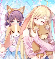  >_< 3girls ahoge animal_ears blue_skirt blush cho_kaguya-hime! closed_eyes clouds commentary cuckoo_ki drooling fake_animal_ears ferris_wheel fox_ears green_eyes hair_bun hair_ornament hair_rings hair_stick hand_to_own_mouth highres holding holding_stuffed_toy hug kaguya_(cho_kaguya-hime!) long_hair long_sleeves looking_at_another lop_rabbit_ears midriff multiple_girls open_mouth rabbit_ears runami_yachiyo sakayori_iroha shirt short_sleeves single_hair_bun skirt sleeves_past_fingers sleeves_past_wrists smile stuffed_animal stuffed_toy white_shirt 
