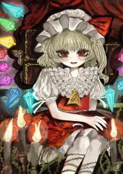  1girl absurdres ascot blonde_hair blush candle collared_shirt commentary_request crystal crystal_wings flandre_scarlet frilled_shirt_collar frills hat highres looking_at_viewer mob_cap multicolored_wings one_side_up open_mouth plant puffy_short_sleeves puffy_sleeves red_eyes red_skirt red_vest shirt short_sleeves skirt skirt_set smile solo touhou vest vines white_hat wings xeu_6 yellow_ascot 