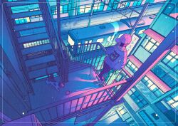  1girl animal black_pants building cat commentary_request from_above hat highres inset_border long_sleeves outdoors pants scenery shirt shoes short_hair signature sneakers stairs standing train wacca005 white_shirt 