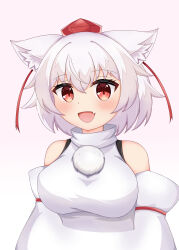  1girl absurdres animal_ear_fluff animal_ears arm_under_breasts bare_shoulders blush breasts commentary_request detached_sleeves facing_viewer fang hat high_collar highres inubashiri_momiji large_breasts long_sleeves looking_at_viewer open_mouth pom_pom_(clothes) red_eyes red_hat short_hair simple_background smile touhou upper_body user_vehc5838 white_background white_hair wolf_ears wolf_girl 
