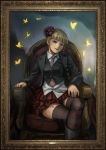  absurdres beatrice blonde_hair blue_eyes butterfly chair ekusa_takahito frame hair_ornament highres necktie official_art painting portrait sitting skirt smile solo striped striped_legwear striped_thighhighs thighhighs umineko_no_naku_koro_ni vest 