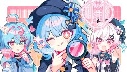  3girls :o :q ? ahoge barcode black_bow black_bowtie black_choker black_hat black_jacket blue_eyes blue_hair blue_hoodie blunt_bangs blush bow bowtie braid braided_hair_rings character_request choker closed_mouth collared_shirt commentary_request double-parted_bangs fang grid_background hair_intakes hair_rings hands_up hat heterochromia highres holding holding_magnifying_glass hood hood_down hoodie jacket long_sleeves magnifying_glass mahou_shoujo_no_majo_saiban multicolored_hair multiple_girls open_clothes open_jacket open_mouth outline outside_border pink_background pink_eyes pink_hair pink_streaks sakuraba_ema shirocha_tei shirt short_hair smile sparkle streaked_hair tachibana_sherry tongue tongue_out twitter_username upper_body v-shaped_eyebrows watermark white_background white_outline white_shirt yellow_eyes 