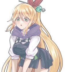  1girl :o all_fours black_skirt black_vest blonde_hair blush breasts commentary cowboy_shot green_eyes hair_between_eyes hair_ornament hair_ribbon hair_stick heaven_burns_red kanzaki_adelheid large_breasts long_hair long_sleeves looking_at_viewer miniskirt open_mouth pleated_skirt ponytail red_ribbon ribbon shirt sidelocks simple_background siromochino skirt solo straight_hair very_long_hair vest white_background white_shirt 