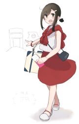  1girl absurdres alternate_costume bag brown_hair commentary_request fubuki_(kancolle) full_body green_eyes hair_ornament hairclip highres holding kantai_collection looking_at_viewer ma_rukan open_mouth pointing ponytail red_skirt ribbed_shirt shirt shoes short_ponytail simple_background skirt sleeveless sleeveless_shirt solo standing white_background white_shirt white_shoes 