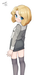  1girl absurdres blonde_hair blue_eyes commentary_request cosplay dated feet_out_of_frame from_behind grey_shirt grey_skirt grey_thighhighs highres janus_(kancolle) kantai_collection looking_at_viewer looking_back maru_(marg0613) military_uniform nelson_(kancolle) nelson_(kancolle)_(cosplay) one-hour_drawing_challenge parted_bangs pencil_skirt shirt short_hair simple_background skirt solo thigh-highs twitter_username white_background 