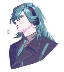  1boy beard_stubble black_coat black_eyes blue_hair closed_mouth coat collared_shirt commentary_request cropped_shoulders cuteturniping facial_hair genderswap genderswap_(ftm) grey_shirt hatsune_miku headset highres korean_commentary long_hair male_focus mature_male miku-oji mustache_stubble shirt simple_background solo stubble vocaloid white_background 