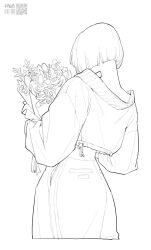  1girl barcode flower from_behind greyscale highres holding holding_flower jacket kgm long_sleeves midriff monochrome original qr_code short_hair signature simple_background sketch solo white_background 