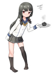  1girl absurdres asymmetrical_legwear bad_food black_hair black_socks black_thighhighs blue_sailor_collar commentary_request gloves grey_skirt hair_ribbon highres isokaze_(kancolle) kantai_collection kneehighs long_hair long_sleeves looking_at_viewer maru_(marg0613) neckerchief pleated_skirt red_eyes ribbon sailor_collar school_uniform serafuku simple_background single_kneehigh single_sock single_thighhigh skirt socks solo thigh-highs tress_ribbon uneven_legwear white_background white_gloves yellow_neckerchief 