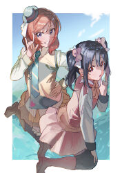  2girls :o \m/ absurdres black_hair black_thighhighs blue_necktie boots border bow bowtie brown_boots commentary_request diagonal-striped_clothes diagonal-striped_necktie flower grin hair_flower hair_ornament hand_on_own_hip highres inazuma_(elect_line) kneeling long_sleeves looking_at_viewer love_live! love_live!_school_idol_project love_live!_the_school_idol_movie medium_hair miniskirt multiple_girls necktie nishikino_maki official_alternate_costume outside_border pink_flower pink_skirt pink_vest red_eyes red_hair shirt sidelocks skirt smile striped_clothes sunny_day_song thigh-highs twintails vest violet_eyes white_border white_shirt yazawa_nico yellow_bow yellow_bowtie 