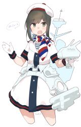  1girl absurdres adapted_turret belt beret blue_belt blush blush_stickers brown_hair collared_dress commentary_request cosplay cowboy_shot cropped_legs dress flag_print french_flag french_flag_print fubuki_(kancolle) gloire_(kancolle) gloire_(kancolle)_(cosplay) gloves green_eyes hand_up hat highres holding holding_turret kantai_collection looking_at_viewer low_ponytail ma_rukan mast medium_hair open_mouth ponytail rigging scarf ship_turret short_sleeves sidelocks signature simple_background smokestack solo speech_bubble standing torpedo_tubes translated white_background white_dress white_gloves white_hat 
