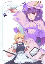  2girls apron back_bow black_skirt black_vest blonde_hair bow braid capelet commentary_request crescent crescent_hat_ornament dress eraser hair_bow hat hat_ornament highres holding holding_pen kirisame_marisa long_hair missing_headwear mob_cap multiple_girls nib_pen_(object) okeyadeokya open_mouth paper patchouli_knowledge pen puffy_short_sleeves puffy_sleeves purple_capelet purple_dress purple_hair purple_hat short_sleeves side_braid single_braid skirt smile touhou very_long_hair vest violet_eyes waist_apron white_apron white_bow 