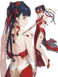  1girl absurdres alaskastomatoez back bad_source china_dress chinese_clothes commission dress highres li_yaoling looking_at_viewer mask multiple_views official_alternate_costume persona persona_5 persona_5:_the_phantom_x rin_(p5x) sword thighs weapon 