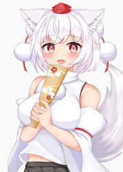  1girl animal_ear_fluff animal_ears asutoral bare_shoulders belly black_skirt breasts commentary_request detached_sleeves eyelashes facing_viewer hanetsuki happy high_collar highres holding inubashiri_momiji large_breasts large_tail long_sleeves looking_at_viewer navel new_year open_mouth own_hands_together pom_pom_(clothes) red_eyes shirt skirt smile tail tengu touhou white_background white_hair white_shirt wolf_ears wolf_girl wolf_tail 