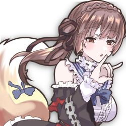  1girl bare_shoulders black_ribbon black_skirt blue_bow blue_sailor_collar blunt_bangs blunt_ends blush bow braid breasts brown_hair cowboy_shot crown_braid detached_sleeves dutch_angle fox_girl fox_shadow_puppet fox_tail frilled_sailor_collar frilled_skirt frilled_sleeves frills hair_ribbon hand_up heaven_burns_red japanese_clothes kiryuu_miya kiryuu_miya_(vulpine_mystique) large_breasts lolita_fashion long_hair long_sleeves looking_at_viewer mole mole_under_eye official_alternate_costume official_alternate_hairstyle open_mouth red_eyes ribbon ribbon-trimmed_sleeves ribbon_trim sailor_collar shirt side_ponytail sidelocks simple_background siromochino skirt sleeveless sleeveless_shirt solo tail tail_bow tail_ornament tail_raised wa_lolita white_background white_shirt wide_sleeves 
