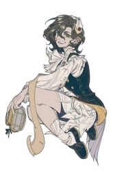  1girl asmr_(asmr027) black_shorts black_vest brown_hair dress from_side full_body green_eyes grin hair_between_eyes hair_ornament highres holding holding_notebook looking_at_viewer mole mole_under_eye notebook official_alternate_costume recoleta_(reverse:1999) reverse:1999 short_hair shorts shorts_under_dress sitting smile socks solo vest white_background white_dress white_socks 