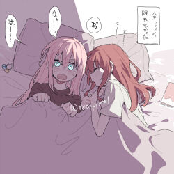 2girls black_shirt blue_eyes blush bocchi_the_rock! commentary_request cuddling from_above gotoh_hitori hair_ornament kita_ikuyo long_hair multiple_girls open_mouth pillow pink_hair red_hair ree_(re-19) shirt sleeping sleeping_together sweat under_covers unworn_hair_ornament white_shirt yuri 