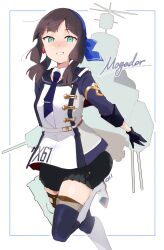  1girl absurdres adapted_turret black_gloves blue_hairband blue_necktie blue_ribbon blue_thighhighs blunt_sidelocks blush breasts brown_hair commentary_request depth_charge freckles gloves green_eyes hair_ribbon hairband highres kantai_collection long_hair long_sleeves looking_at_viewer ma_rukan medium_breasts mogador_(kancolle) necktie pleated_skirt purple_necktie ribbon sidelocks silhouette skirt solo standing standing_on_one_leg thigh-highs tie_clip torpedo_launcher two-tone_legwear white_background 