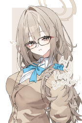 1girl akane_(blue_archive) akane_(school_uniform)_(blue_archive) black-framed_eyewear blue_archive blue_bow blue_bowtie blue_scrunchie blush bow bowtie breasts brown_cardigan brown_eyes brown_hair brown_halo cardigan commentary_request dated hair_between_eyes hair_ornament hair_scrunchie halo happy_birthday highres large_breasts long_hair looking_at_viewer mo2upoyo official_alternate_costume school_uniform scrunchie shirt simple_background smile solo upper_body white_shirt 
