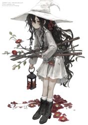  1girl black_boots black_hair boots branch dated dress expressionless flower gardening_shears gregor_(tsurunoka) hair_between_eyes hair_ribbon hat hedge_trimmer highres holding holding_branch holding_lantern lantern lead_white_(tsurunoka) long_hair long_sleeves looking_at_viewer original red_eyes red_flower red_ribbon ribbon simple_background socks sparkle tsumetai_(tsurunoka) very_long_hair white_background white_dress white_hat white_socks witch_hat 