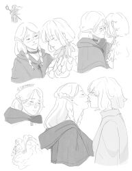  blush capelet chimera choker closed_eyes closed_mouth dungeon_meshi elf english_commentary falin_touden falin_touden_(chimera) feathers greyscale highres holding holding_staff imminent_kiss isatpanart long_hair marcille_donato monochrome monster_girl pointy_ears short_hair split_mouth staff yuri 