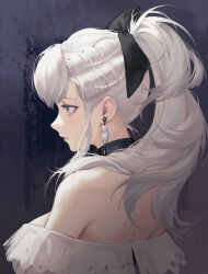  1girl anita_(echoes_of_vision) back bare_shoulders bead_necklace beads black_bow bow breasts choker closed_mouth dress earrings echoes_of_vision from_side grey_background hair_bow hair_ornament highres iamc95 jewelry large_breasts long_hair necklace off-shoulder_dress off_shoulder official_alternate_costume pearl_necklace ponytail profile sidelocks solo upper_body violet_eyes white_dress white_hair 