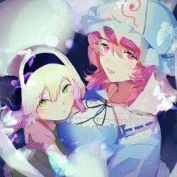  2girls artist_name black_background black_bow black_bowtie black_hairband black_ribbon blue_hat blue_kimono blurry bokeh bow bowtie depth_of_field green_eyes green_vest hair_ribbon hairband hat highres japanese_clothes kimono konpaku_youmu konpaku_youmu_(ghost) looking_at_viewer mob_cap multiple_girls navybluesparrow pink_eyes pink_hair ribbon saigyouji_yuyuko shirt short_hair short_sleeves simple_background touhou triangular_headpiece twitter_username upper_body vest white_hair white_shirt 