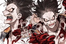  1boy abs blue_shorts commentary_request gear_fourth gear_fourth:_boundman hagoromo korean_commentary male_focus mnnd monkey_d._luffy one_piece open_mouth pink_eyes sash scar scar_on_chest scar_on_face shawl shorts veins yellow_sash 