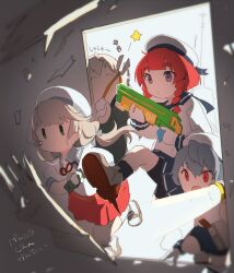  4girls ^_^ beret bike_shorts bike_shorts_under_skirt braid brown_hair closed_eyes closed_mouth commentary_request door etorofu_(kancolle) flashlight gloves grey_hair gun hat highres holding holding_gun holding_weapon kantai_collection kicking long_hair long_sleeves ma_rukan mikura_(kancolle) multiple_girls no_mouth open_mouth pleated_skirt pliers red_eyes red_hair red_skirt sado_(kancolle) sailor_collar sailor_hat school_uniform serafuku shimushu_(kancolle) short_hair skirt star_(symbol) twin_braids weapon white_gloves 