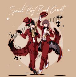  2boys absurdres akechi_goro alto_saxophone amamiya_ren belt black_belt black_bow black_bowtie black_hair black_shoes bow bowtie brown_hair chromatic_aberration coat coattails commentary english_text full_body grey_eyes grin hat hat_belt highres holding holding_instrument holding_trumpet holding_unworn_clothes holding_unworn_hat instrument latteeesalty low_ponytail male_focus mini_hat mini_top_hat multiple_boys musical_note musical_staff open_clothes open_coat pants persona persona_5 ponytail red_coat red_eyes red_hat red_pants saxophone shoes short_hair smile standing tailcoat top_hat traditional_bowtie trumpet unworn_hat unworn_headwear vest white_shoes white_vest 