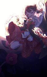  1girl absurdres black_coat blush brown_hair closed_eyes coat commentary_request facing_viewer flower flower_request frilled_hair_tubes frills full_moon gagaku_kawa_rei hair_tubes hakurei_reimu highres long_hair moon neck_ribbon night open_clothes open_coat red_flower red_skirt ribbon skirt skirt_set solo star_(sky) touhou yellow_ribbon 
