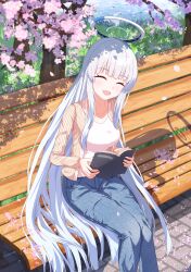  1girl absurdres blue_archive book breasts cherry_blossoms closed_eyes collarbone commentary_request day denim facing_viewer falling_petals flower halo highres holding holding_book jeans large_breasts long_hair mechanical_halo noa_(blue_archive) open_mouth outdoors pants petals pink_flower pink_petals solo very_long_hair white_hair white_halo yuso_mrk315 