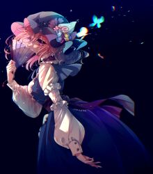  1girl adapted_costume black_hat blue_butterfly blue_flower blue_kimono breasts bug butterfly commentary_request fan_over_face flower folding_fan frilled_kimono frills hand_fan hat hat_flower highres hitodama holding holding_fan japanese_clothes kimono large_breasts long_sleeves medium_hair mob_cap pink_eyes pink_flower pink_hair saigyouji_yuyuko sleeve_garter solo tami_(joemanyodw) touhou triangular_headpiece yellow_flower 
