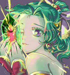 1girl backless_outfit bare_shoulders bow crystal detached_sleeves final_fantasy final_fantasy_vi green_hair hair_bow hair_ornament high_ponytail highres holding holding_crystal inaba_tomoe light_particles light_smile looking_at_viewer magicite nail_polish one_eye_closed pink_nails ponytail purple_background purple_bow red_sleeves shining signature simple_background solo strapless teeth terra_branford violet_eyes 