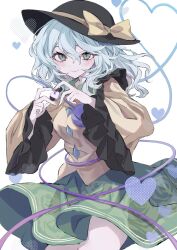  1girl black_hat blush bow buttons commentary diamond_button eyeball floral_print four-finger_heart_hands frilled_shirt_collar frilled_sleeves frills green_eyes green_hair green_skirt hat hat_bow hat_ribbon heart heart_hands heart_in_heart_hands heart_of_string highres komeiji_koishi ribbon rose_print shirt skirt smile third_eye touhou wide_sleeves yellow_bow yellow_ribbon yellow_shirt yunoki_pon 