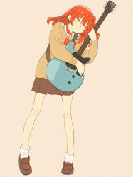  1girl 55bata6rou blush bocchi_the_rock! bow bowtie brown_shoes brown_skirt cardigan closed_eyes guitar hair_between_eyes highres holding holding_guitar holding_instrument hugging_object instrument kita_ikuyo long_hair pleated_skirt red_bow red_bowtie red_hair sailor_collar school_uniform shirt shoes shuka_high_school_uniform skirt smile socks white_sailor_collar white_socks yellow_background yellow_cardigan 