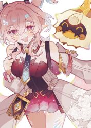  1girl aqua_wings bare_shoulders blush commentary_request crossed_bangs detached_sleeves dress genshin_impact hair_between_eyes hair_intakes hair_ornament hair_wings head_wings heart heart-shaped_pupils highres linnea_(genshin_impact) long_sleeves looking_at_viewer lumi_(genshin_impact) medium_hair open_mouth pink_eyes pink_hair pink_wings pointy_ears red_dress reina_ine smile symbol-shaped_pupils thigh_marking two-tone_wings white_background wings wolf_cut 