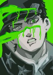  1boy commentary earrings green_liquid green_theme hat head_tilt highres jewelry jojo_no_kimyou_na_bouken kujo_jotaro kurounmo831 looking_at_viewer male_focus monochrome parted_lips short_hair solo stone_ocean stud_earrings untranslatable_commentary whitesnake_(stand) wide-eyed 