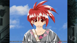  1boy 2000s_(style) anime_coloring atelier-moo belt collarbone fangs game_cg grey_shirt hair_between_eyes half-closed_eye large_variant_set non-web_source official_art open_mouth pete_ross red_eyes red_hair shirt short_hair short_sleeves solo spiky_hair standing t-shirt upper_body variant_set wavy_mouth wince yuukyuu_gensoukyoku 