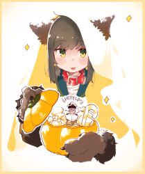  1boy 1girl :3 absurdres admiral_(kancolle) alternate_costume anchor_symbol animal_collar animal_costume animal_ears animal_hands bandaged_chest border bound brown_hair candy candy_cane cloak collar commentary_request english_text fake_animal_ears food fubuki_(kancolle) gloves gradient_background green_eyes green_sailor_collar halloween hat highres holding holding_pumpkin kantai_collection lollipop looking_at_viewer ma_rukan military_uniform mini_person miniboy naval_uniform paw_gloves peaked_cap pumpkin red_collar sailor_collar shirt shoulder_boards sidelocks sparkle tongue tongue_out upper_body white_background white_shirt wolf_costume wolf_ears yellow_border 