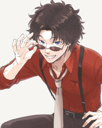  1boy adjusting_eyewear belt belt_buckle black_belt black_pants blue_eyes breast_pocket brown_hair buckle collarbone commentary_request fingernails gintama grin hand_on_own_hip kiichi_(9ta) looking_at_viewer messy_hair necktie pants pocket red_shirt sakamoto_tatsuma shirt short_hair simple_background smile solo suspenders teeth tinted_eyewear watermark white_background white_necktie 