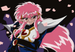  1990s_(style) 1girl absurdres armor black_background black_bodysuit bodysuit breastplate commentary faux_retro_artstyle gem gold_trim grin hand_up highres long_hair long_pointy_ears long_sidelocks looking_at_viewer magic_knight_rayearth miwijag1997 nova_(rayearth) pauldrons petals pink_hair pink_petals pointy_ears purple_background red_eyes red_gem retro_artstyle shoulder_armor sidelocks smile solo two-tone_background upper_body white_armor wispy_bangs 