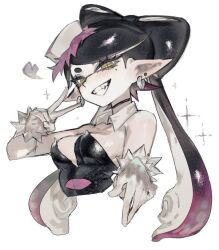  black_hair breasts callie_(splatoon) callie_(squid_sisters_outfit)_(splatoon) commentary_request earrings gloves inkling jewelry long_hair mole mole_under_eye pointy_ears smile splatoon_(series) splatoon_1 tentacle_hair togetoge v yellow_eyes 