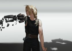  1boy absurdres ahoge belt belt_buckle black_pants black_shirt blonde_hair braid brown_belt buckle collarbone commentary_request cowboy_shot edward_elric fullmetal_alchemist highres long_hair male_focus misumi_jinchi pants profile prosthesis prosthetic_arm shirt single_braid sleeveless sleeveless_shirt solo standing 