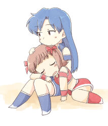  2girls amami_haruka blue_hair blue_skirt bow brown_eyes brown_hair closed_mouth full_body hair_bow idolmaster idolmaster_(classic) kisaragi_chihaya lap_pillow long_hair miniskirt multiple_girls multiple_hair_bows red_bow red_skirt short_hair sitting skirt sleeping tears tsubobot white_background 