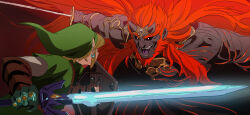  2boys absurdres black_sclera black_skin colored_sclera colored_skin duel dwarf3727 from_behind ganondorf highres holding holding_shield holding_sword holding_weapon link multiple_boys open_mouth shield smile sword the_legend_of_zelda weapon 