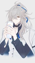  1boy aqueasirius black_choker black_shirt blue_ribbon choker coat cup hair_over_one_eye hair_ribbon high_ponytail highres holding holding_cup honkai:_star_rail honkai_(series) jacket jacket_on_shoulders jing_yuan jing_yuan_(chapanda) long_hair long_sleeves male_focus mole mole_under_eye official_alternate_costume ponytail ribbon shirt solo tassel vest white_hair white_jacket white_vest yellow_eyes 